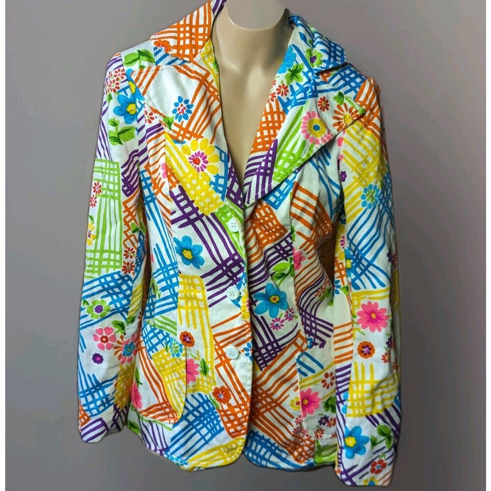 Vintage 1970s Gregg Draddy Psychedelic Dayglow Floral Hawaiian Suit Jacket Sz S